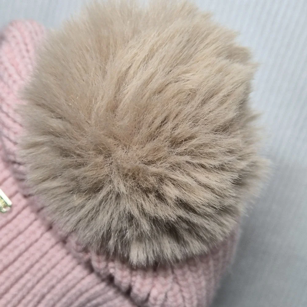 Steve Madden Women's Wide‎ Cuff Blush Pink Faux Fur Pom Beanie Hat One Size